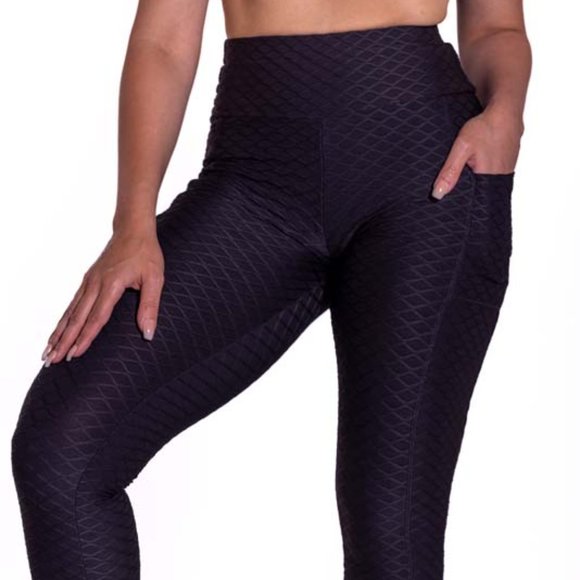 High-Waisted Bubble Yoga Athletic Hip Pockets Black Leggings - Picture 2 of 5